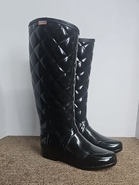 Hunter Black Quilted Glossy Tall Boots Size 7 Womens